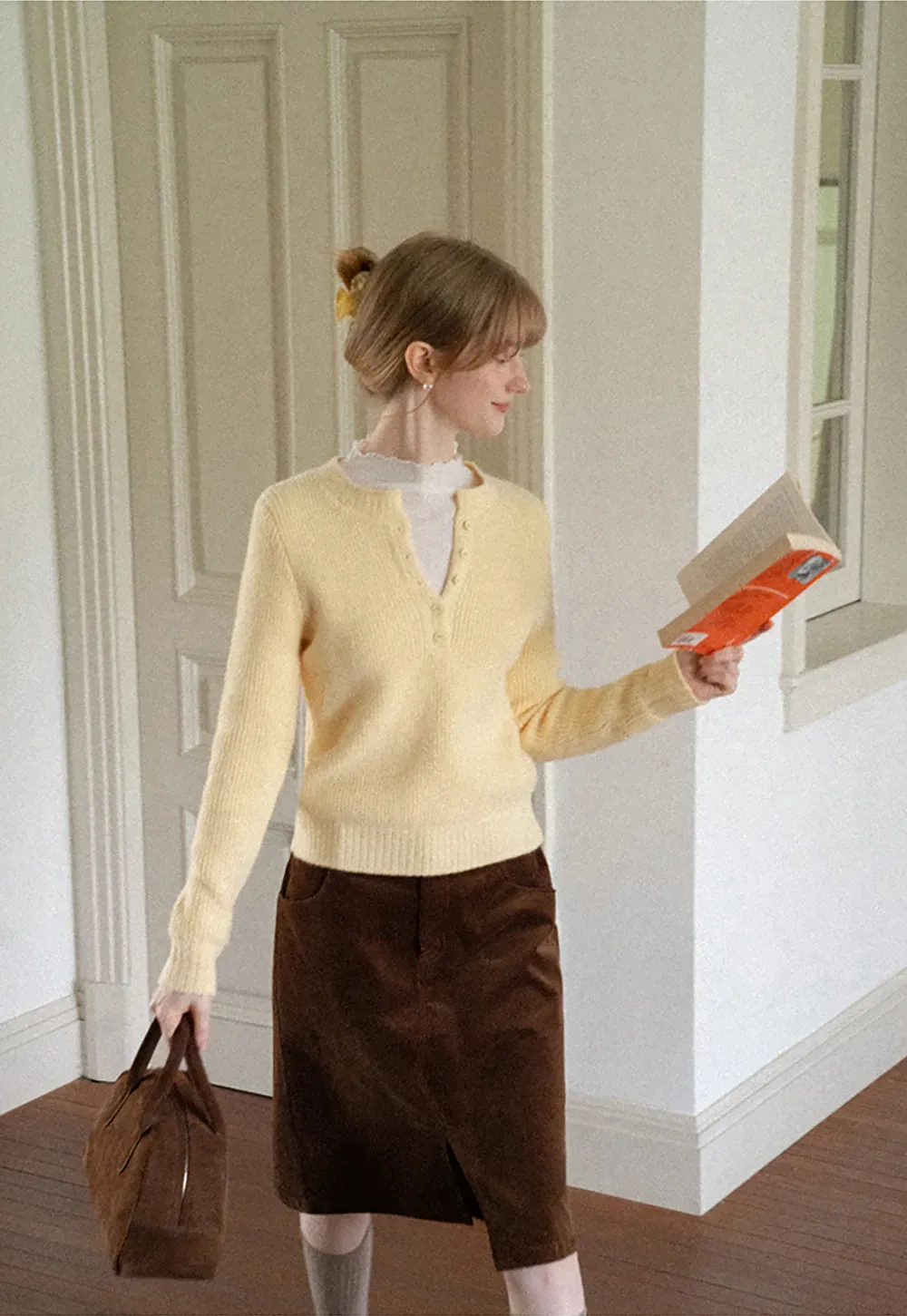 Ribbed Knit Henley Neck Sweater