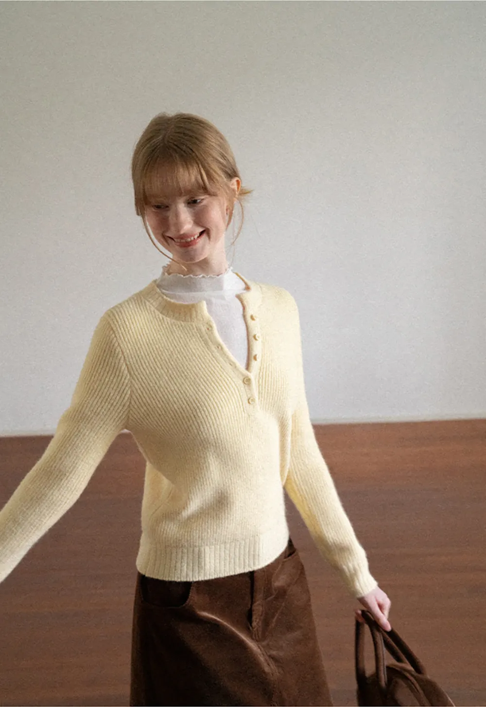 Ribbed Knit Henley Neck Sweater