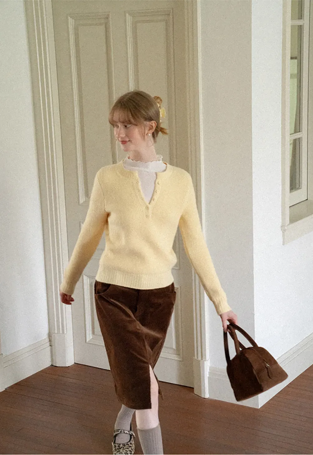 Ribbed Knit Henley Neck Sweater