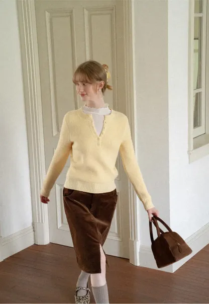 Ribbed Knit Henley Neck Sweater