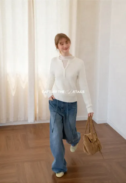 Ribbed Knit Henley Neck Sweater