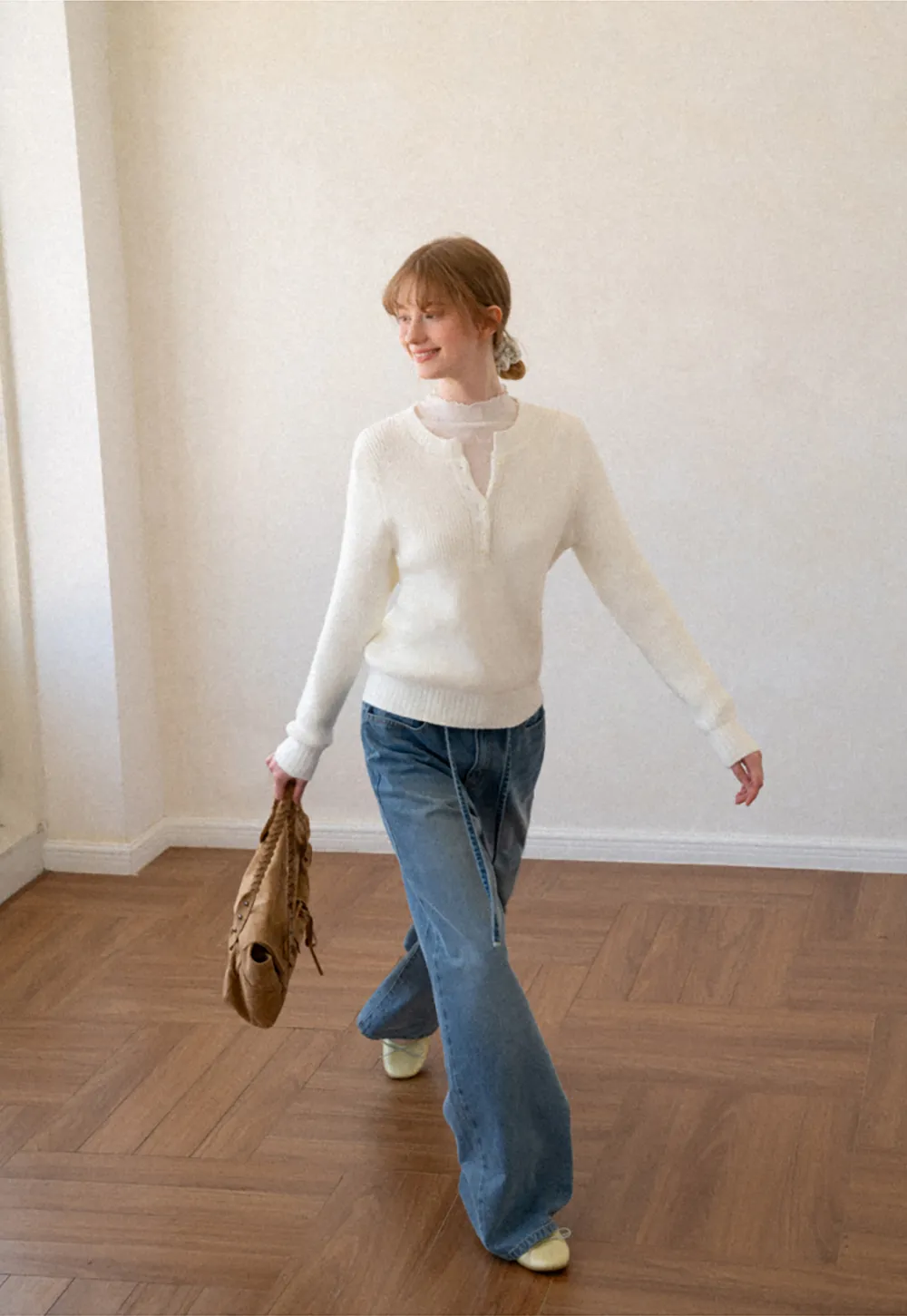 Ribbed Knit Henley Neck Sweater