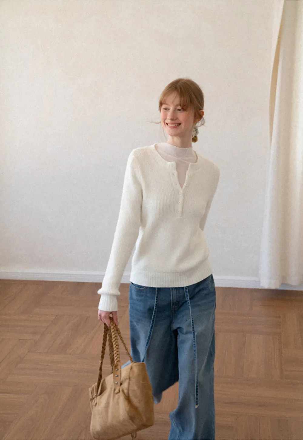 Ribbed Knit Henley Neck Sweater