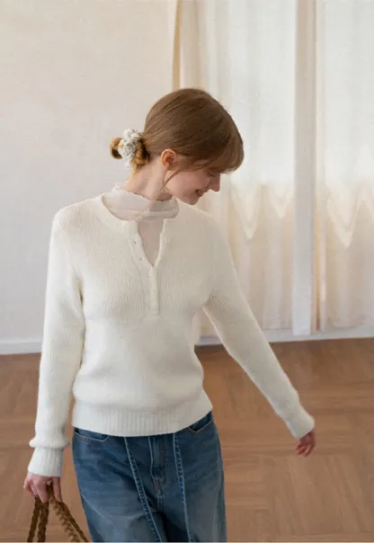 Ribbed Knit Henley Neck Sweater