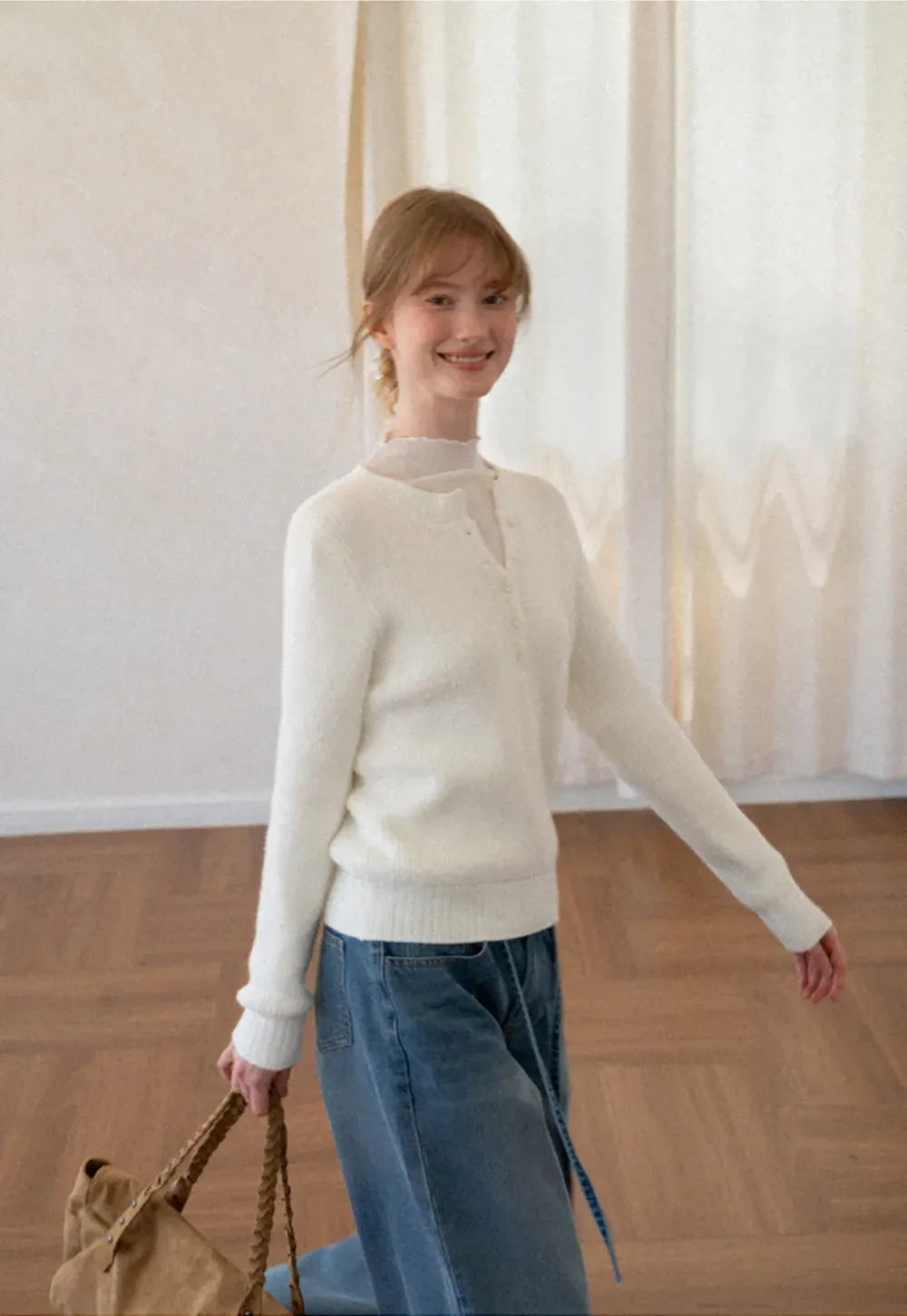 Ribbed Knit Henley Neck Sweater