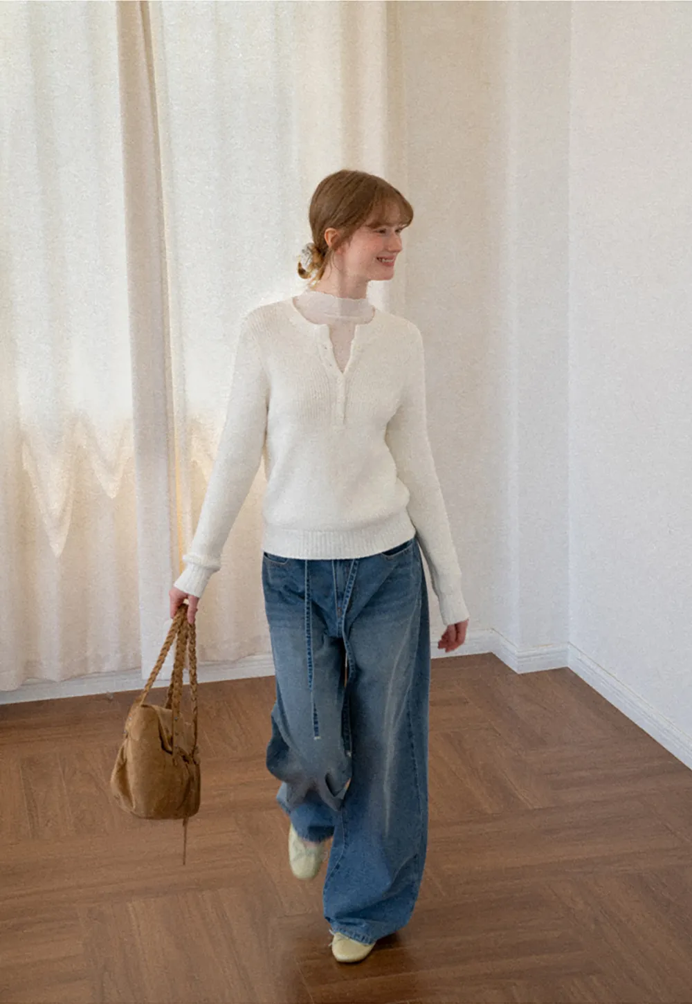 Ribbed Knit Henley Neck Sweater