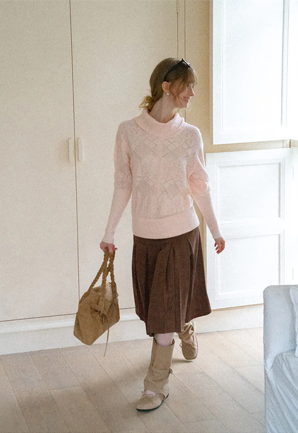 Ribbed Turtleneck with Diamond Lace Knit Sweater