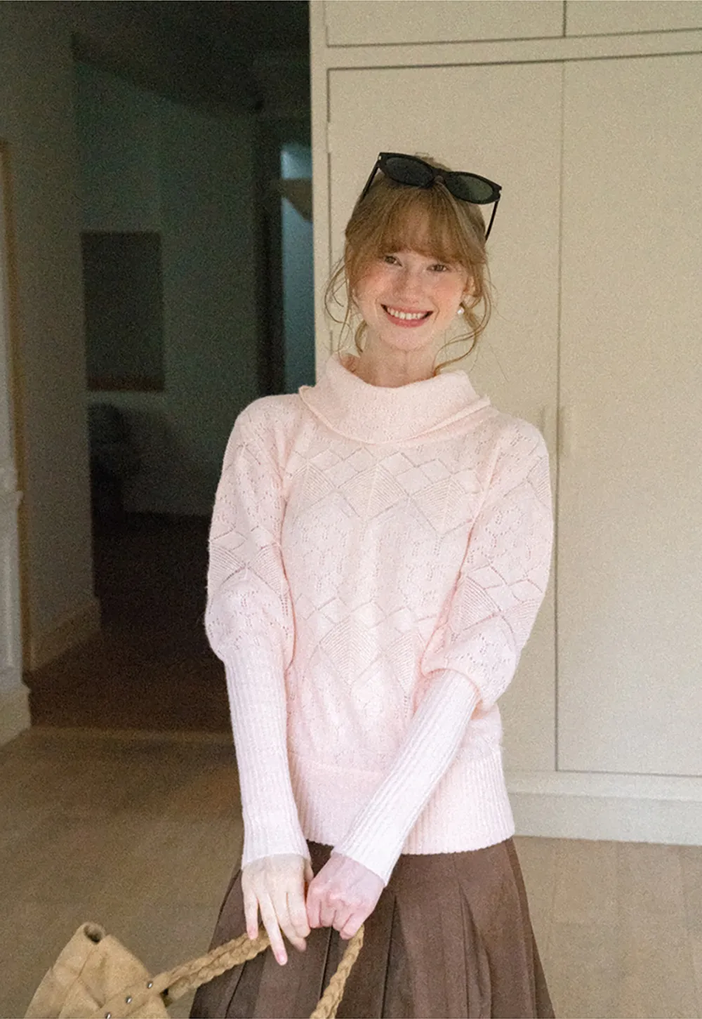 Ribbed Turtleneck with Diamond Lace Knit Sweater