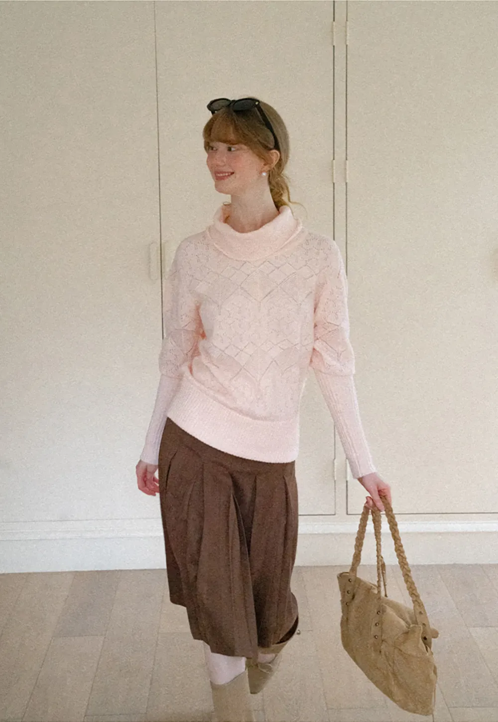 Ribbed Turtleneck with Diamond Lace Knit Sweater
