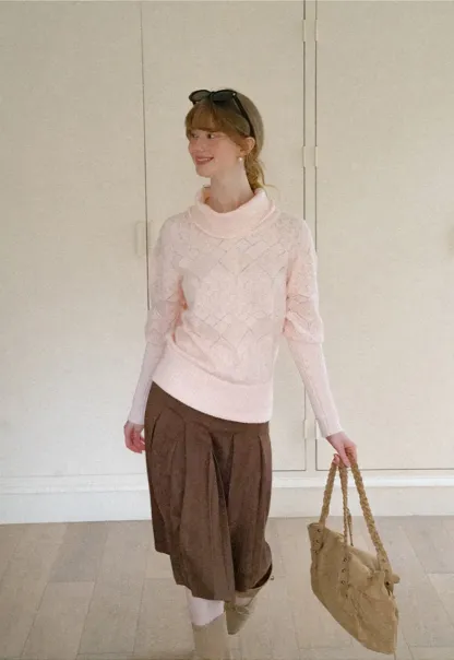 Ribbed Turtleneck with Diamond Lace Knit Sweater