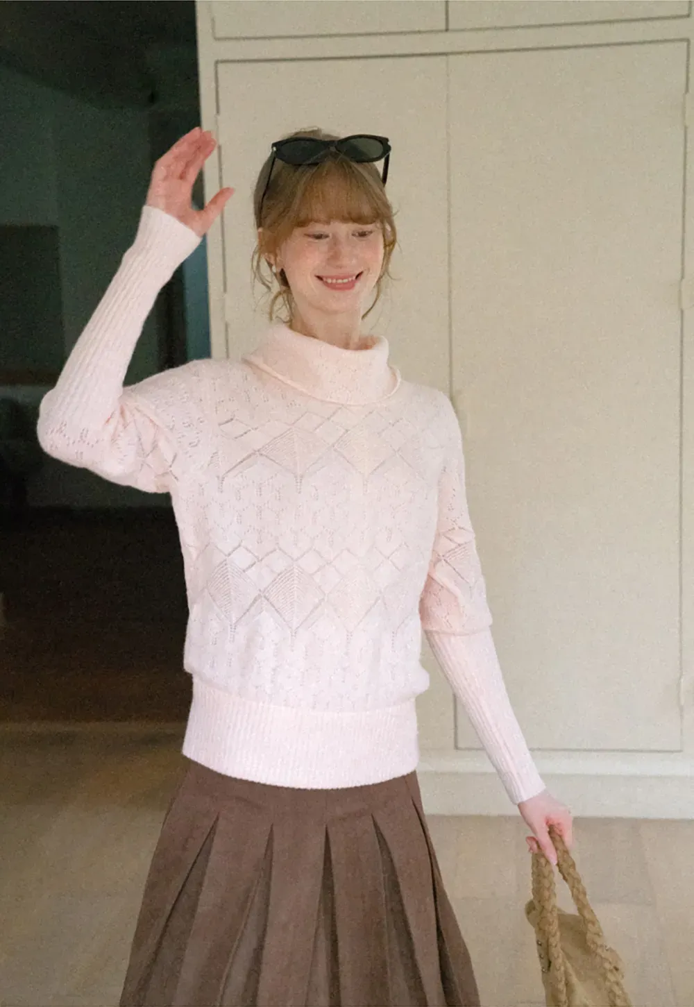 Ribbed Turtleneck with Diamond Lace Knit Sweater