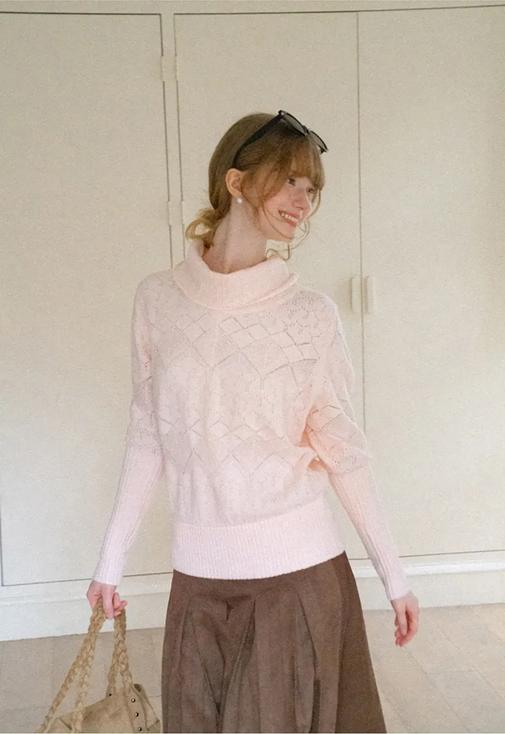 Ribbed Turtleneck with Diamond Lace Knit Sweater