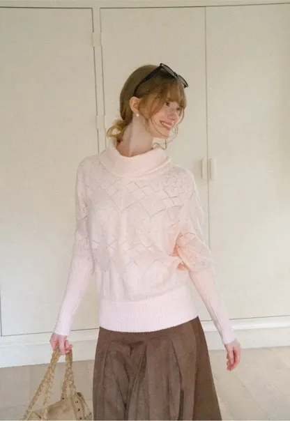 Ribbed Turtleneck with Diamond Lace Knit Sweater