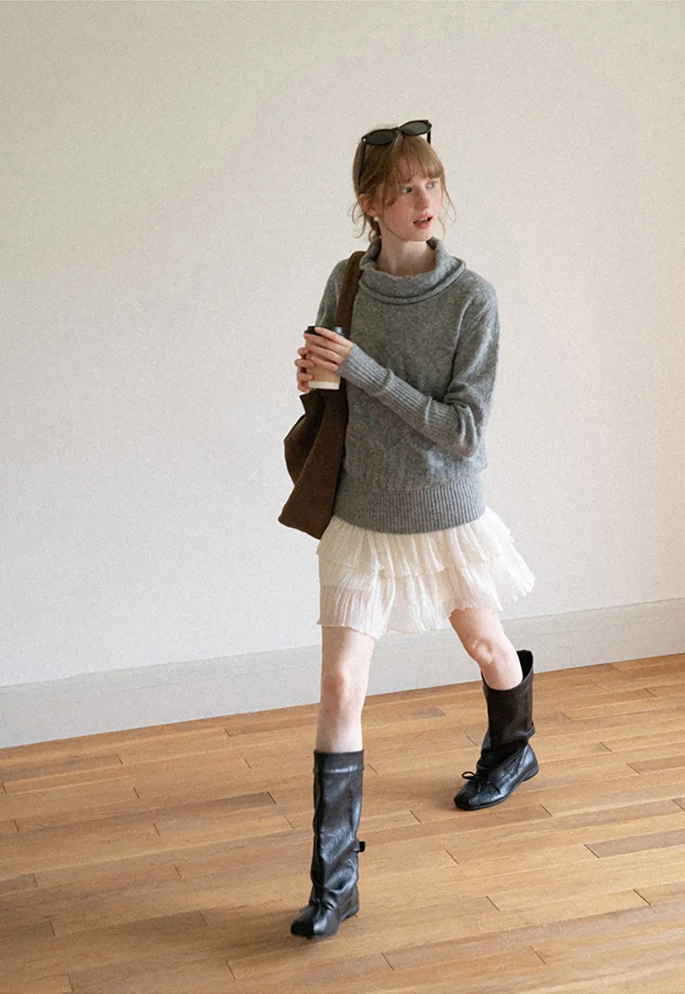 Ribbed Turtleneck with Diamond Lace Knit Sweater