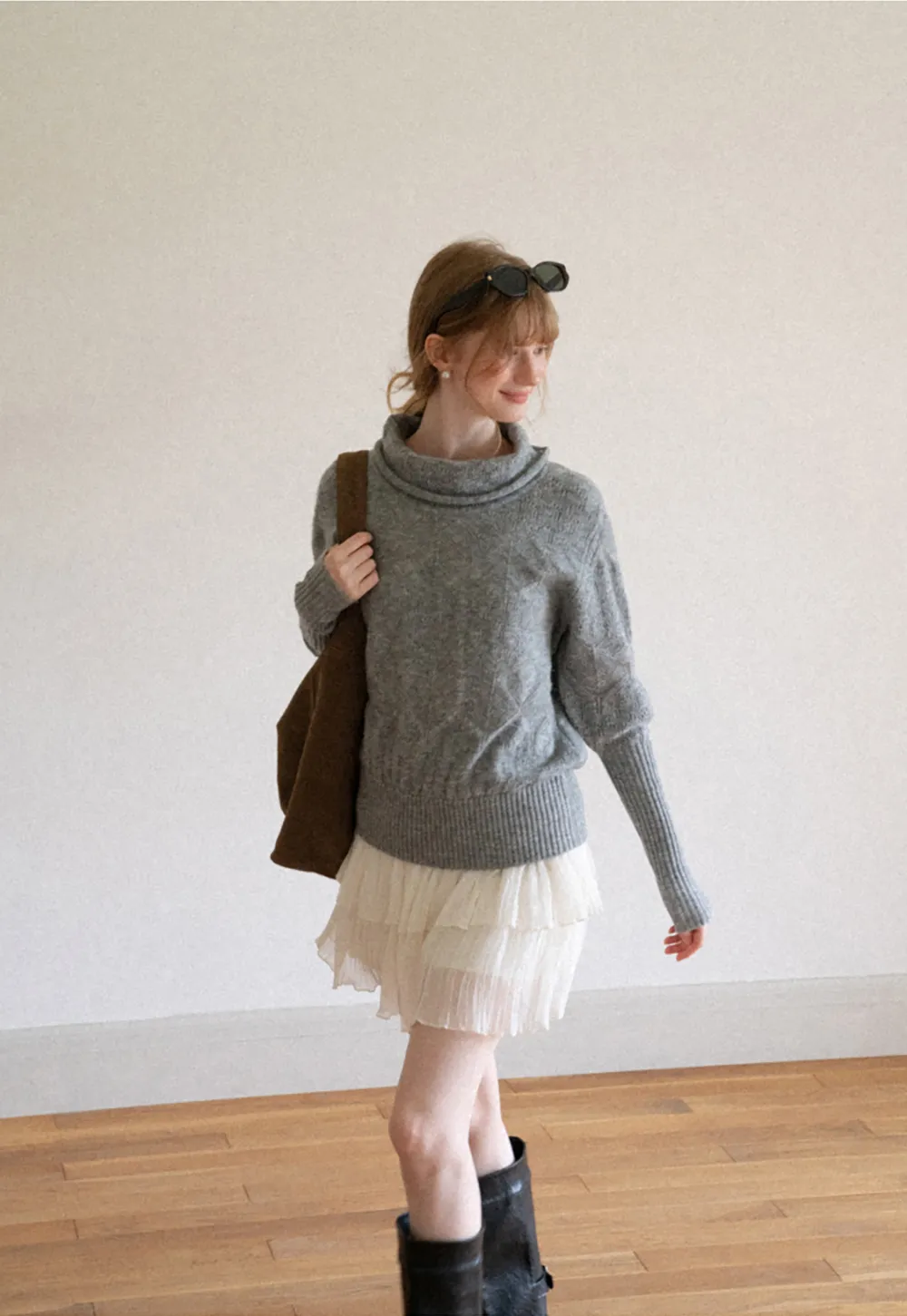 Ribbed Turtleneck with Diamond Lace Knit Sweater