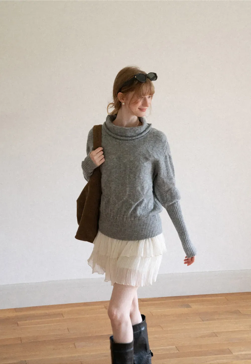 Ribbed Turtleneck with Diamond Lace Knit Sweater