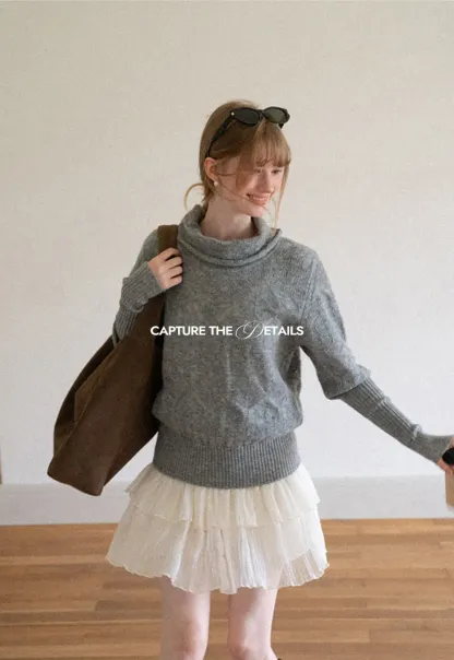 Ribbed Turtleneck with Diamond Lace Knit Sweater