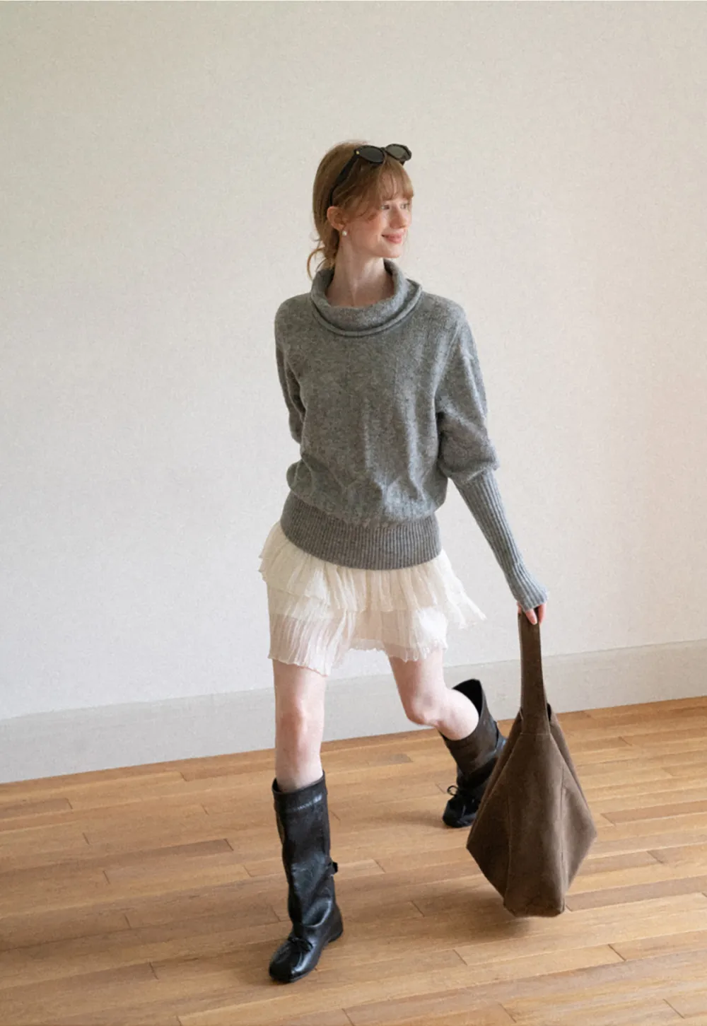 Ribbed Turtleneck with Diamond Lace Knit Sweater