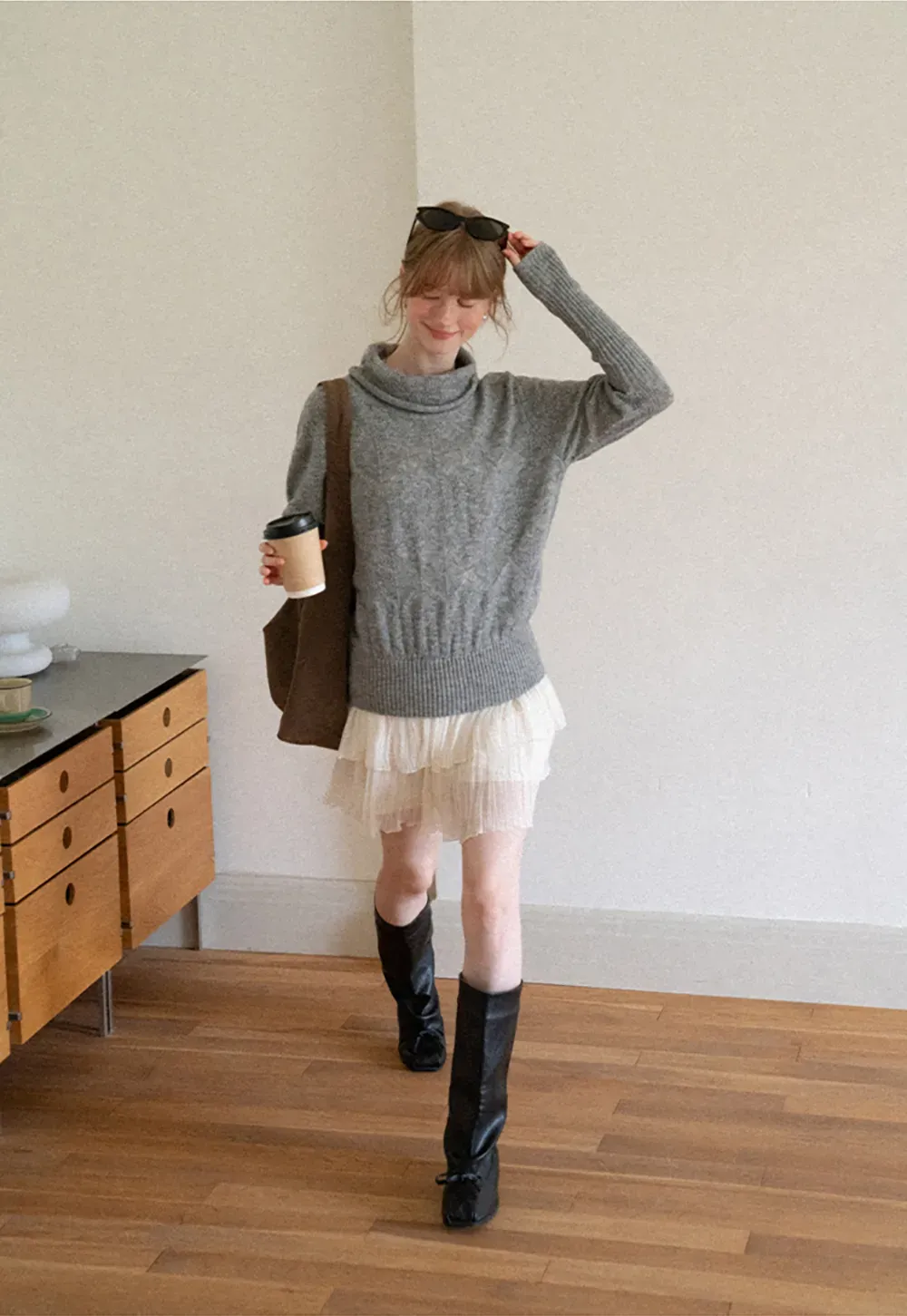 Ribbed Turtleneck with Diamond Lace Knit Sweater