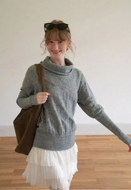 Ribbed Turtleneck with Diamond Lace Knit Sweater