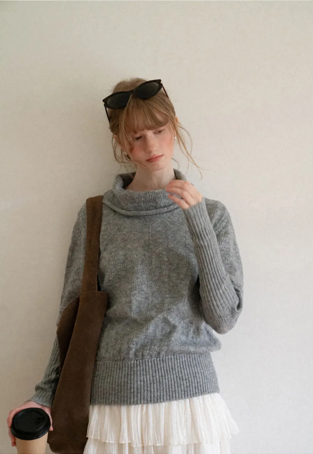 Ribbed Turtleneck with Diamond Lace Knit Sweater