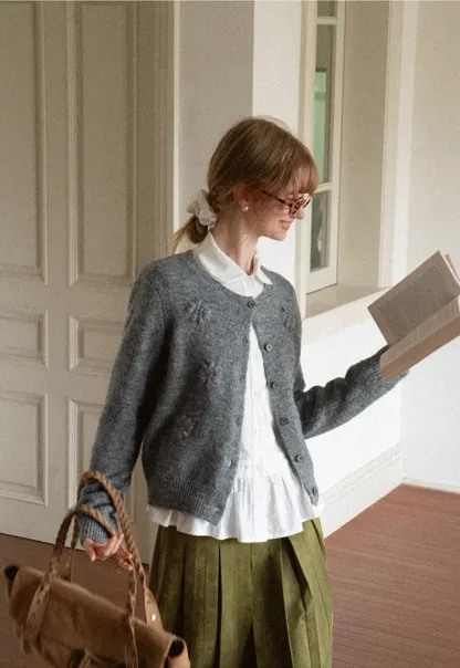 Floral Embroidered V Neck Cardigan Sweater