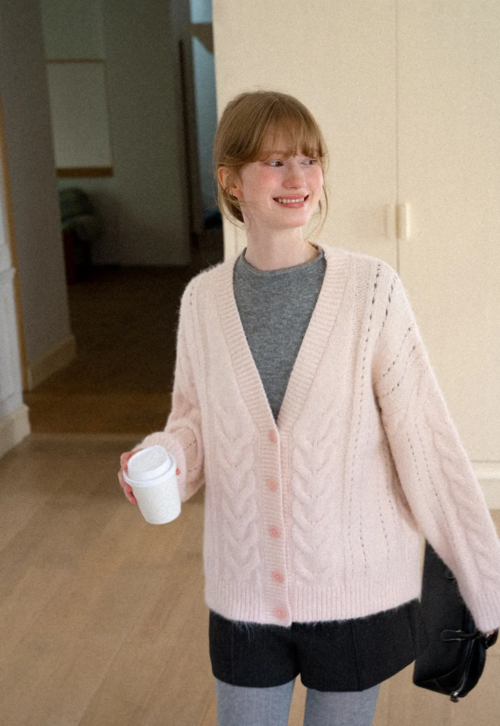 Cable Knit V Neck Button Front Cardigan Sweater