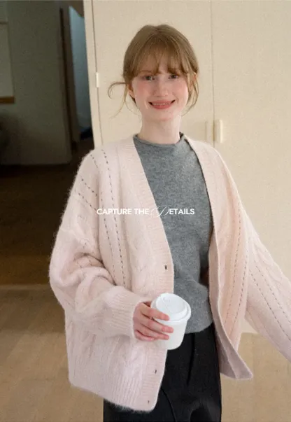 Cable Knit V Neck Button Front Cardigan Sweater