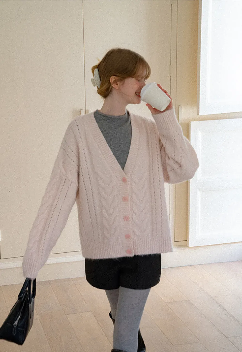Cable Knit V Neck Button Front Cardigan Sweater