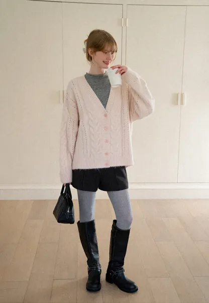 Cable Knit V Neck Button Front Cardigan Sweater
