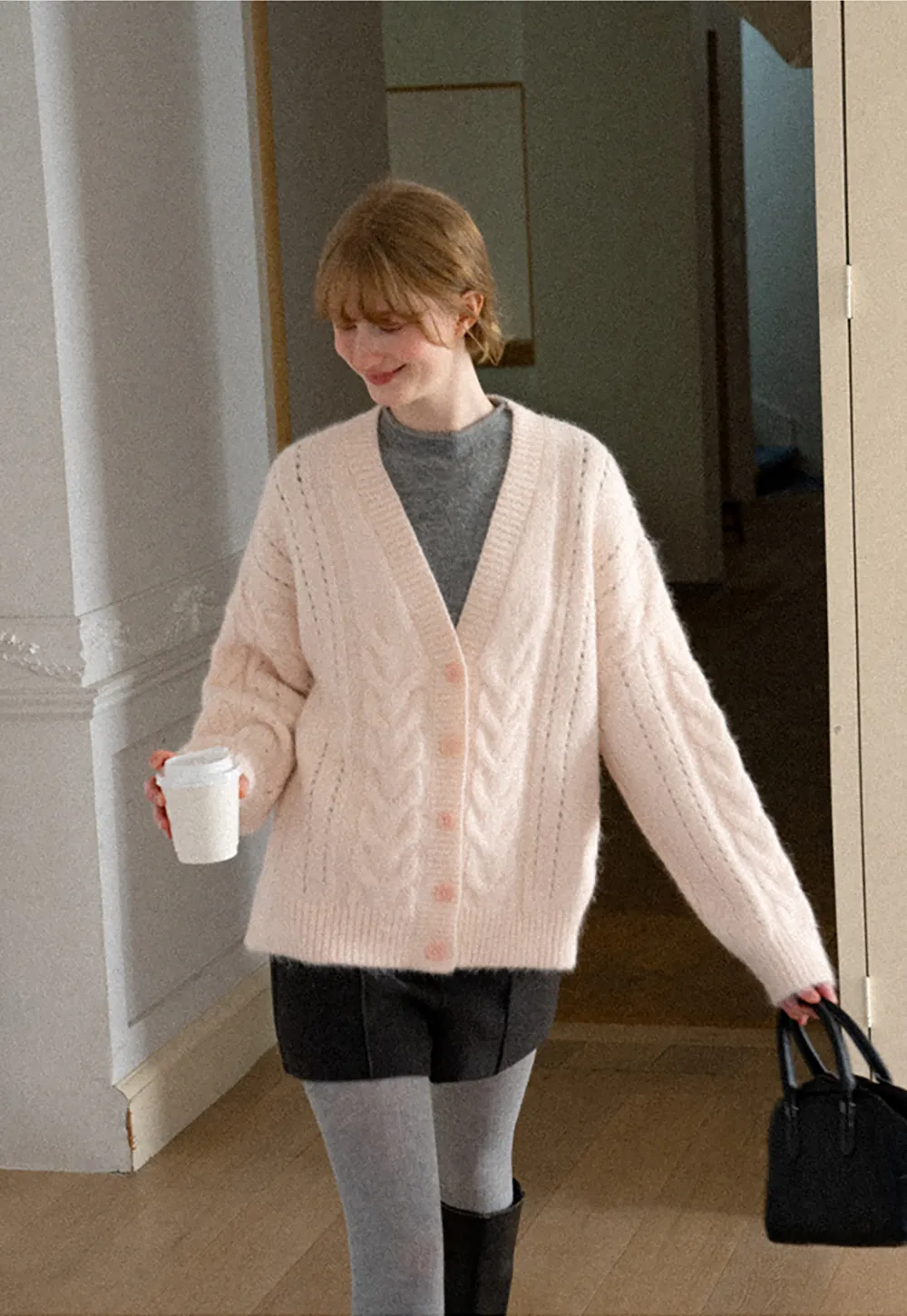 Cable Knit V Neck Button Front Cardigan Sweater