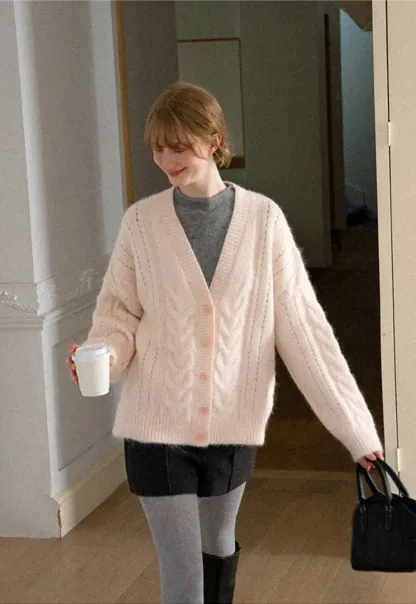 Cable Knit V Neck Button Front Cardigan Sweater