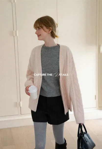 Cable Knit V Neck Button Front Cardigan Sweater