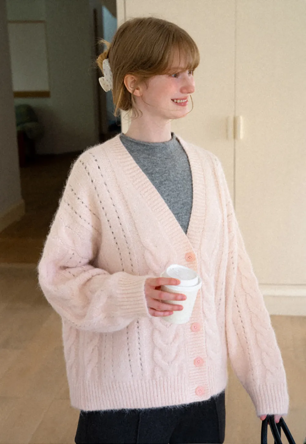 Cable Knit V Neck Button Front Cardigan Sweater