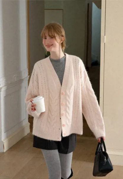 Cable Knit V Neck Button Front Cardigan Sweater