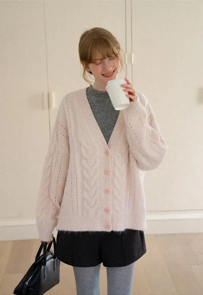 Cable Knit V Neck Button Front Cardigan Sweater