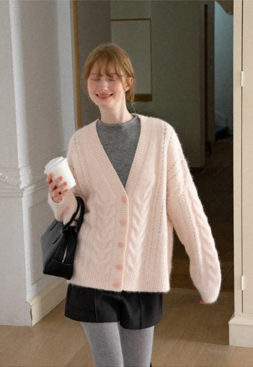 Cable Knit V Neck Button Front Cardigan Sweater