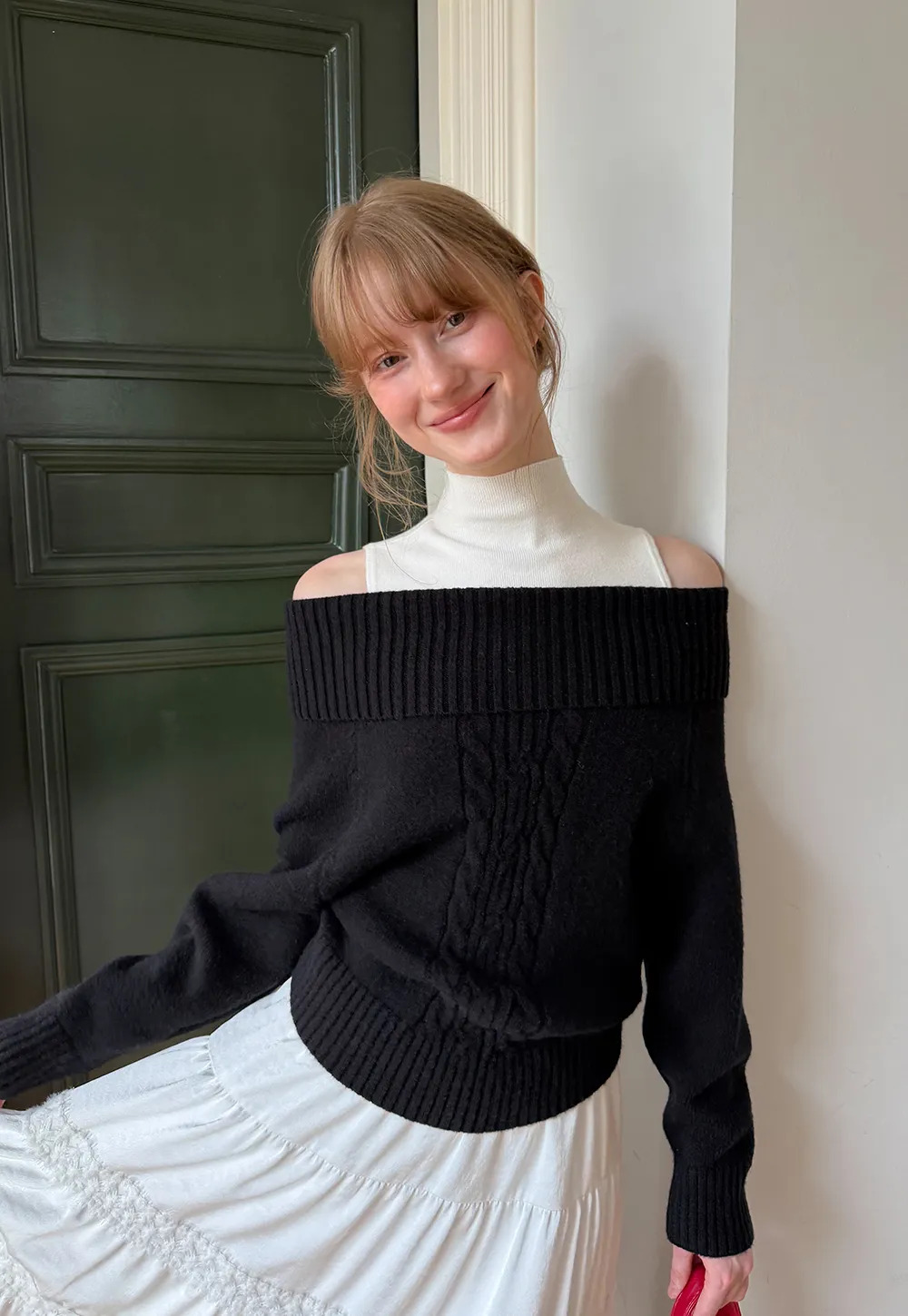 Off Shoulder Ribbed Knit Sweater with Cable Detail