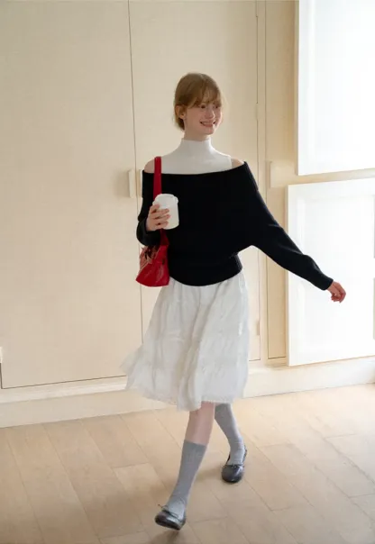 Off Shoulder Ribbed Knit Sweater with Cable Detail