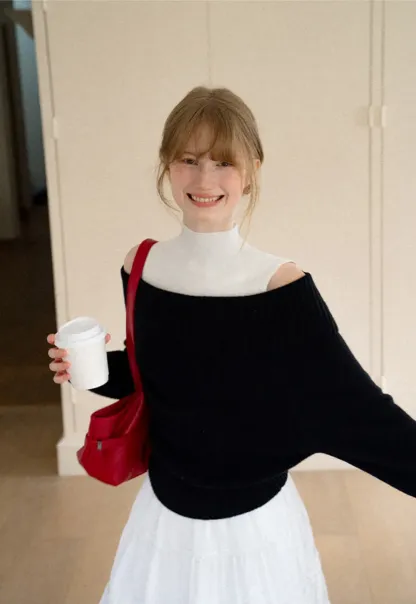 Off Shoulder Ribbed Knit Sweater with Cable Detail