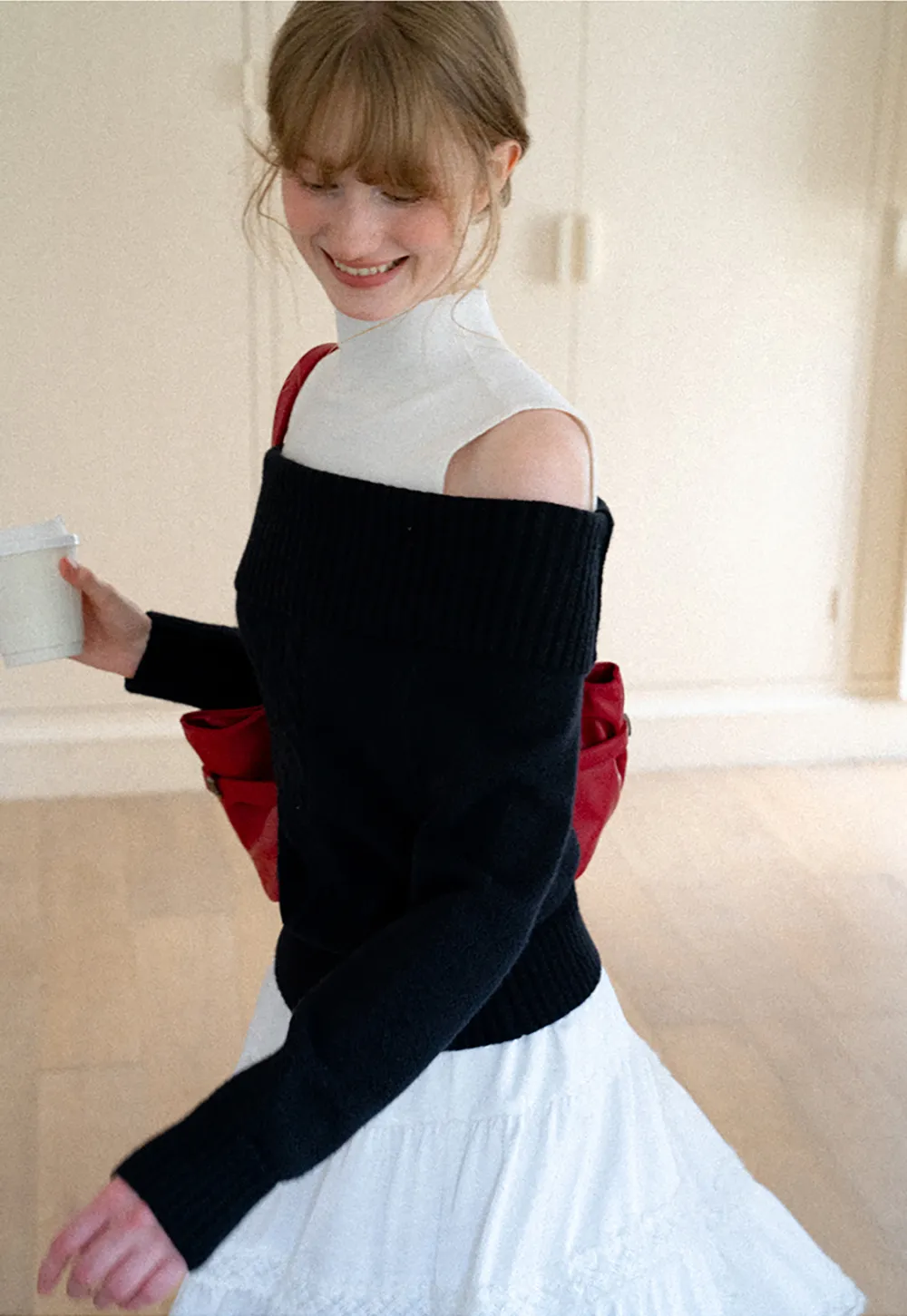 Off Shoulder Ribbed Knit Sweater with Cable Detail