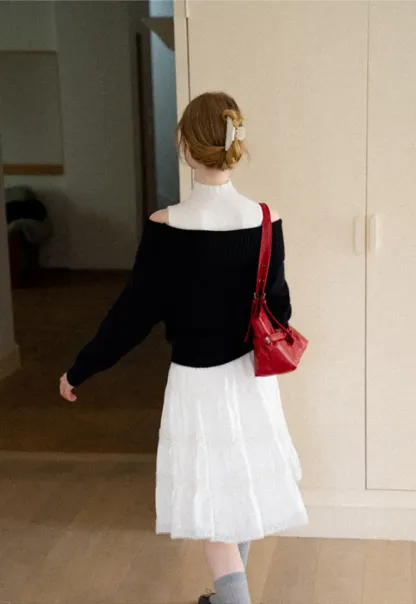 Off Shoulder Ribbed Knit Sweater with Cable Detail