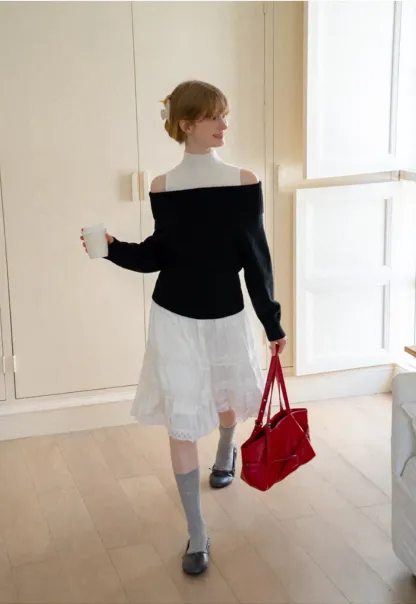 Off Shoulder Ribbed Knit Sweater with Cable Detail