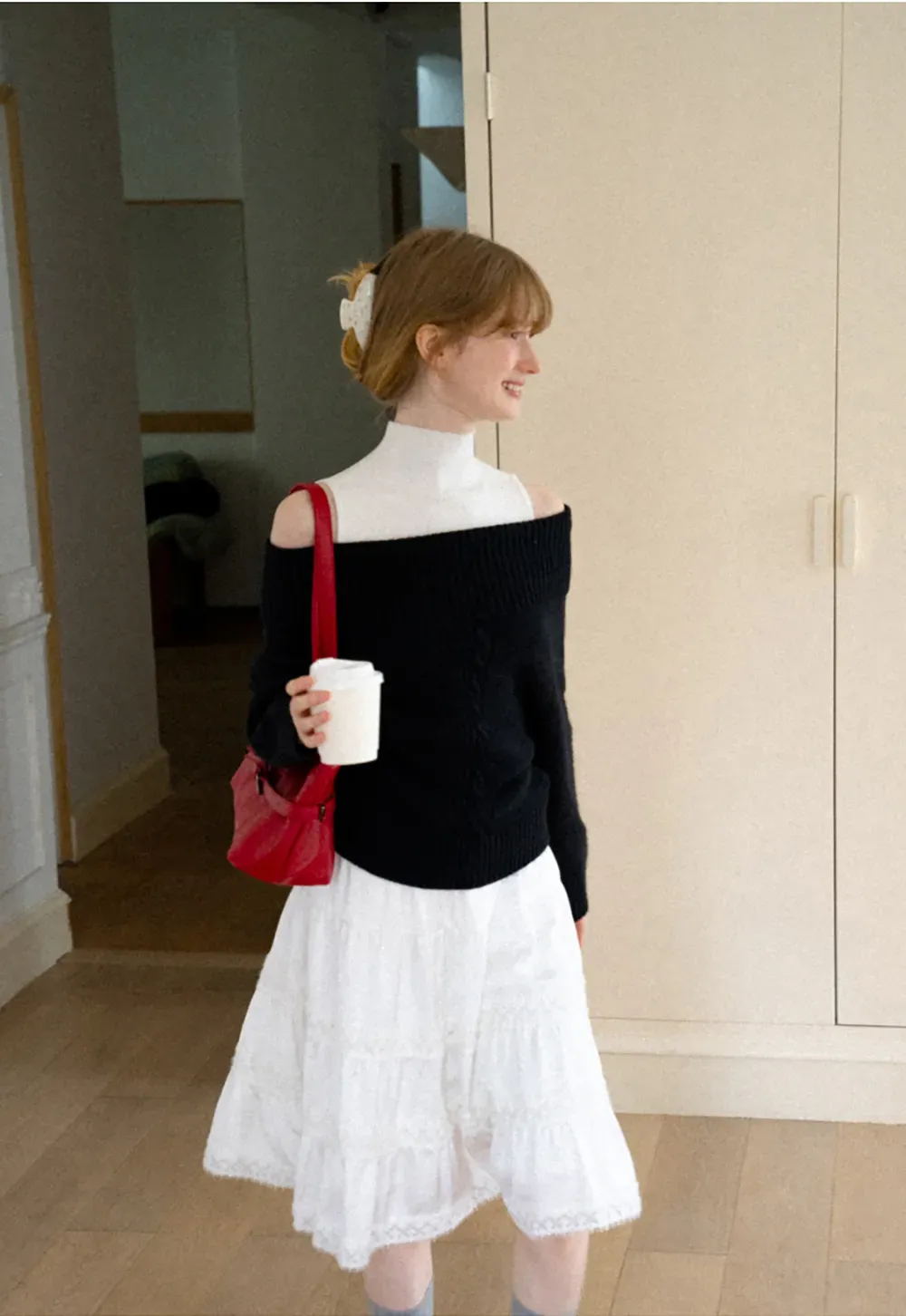 Off Shoulder Ribbed Knit Sweater with Cable Detail