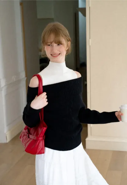 Off Shoulder Ribbed Knit Sweater with Cable Detail