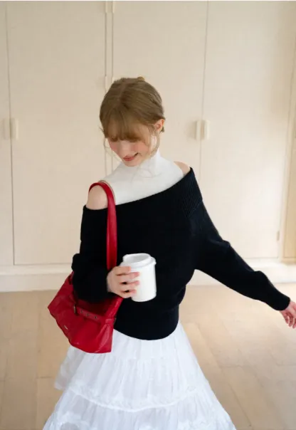 Off Shoulder Ribbed Knit Sweater with Cable Detail