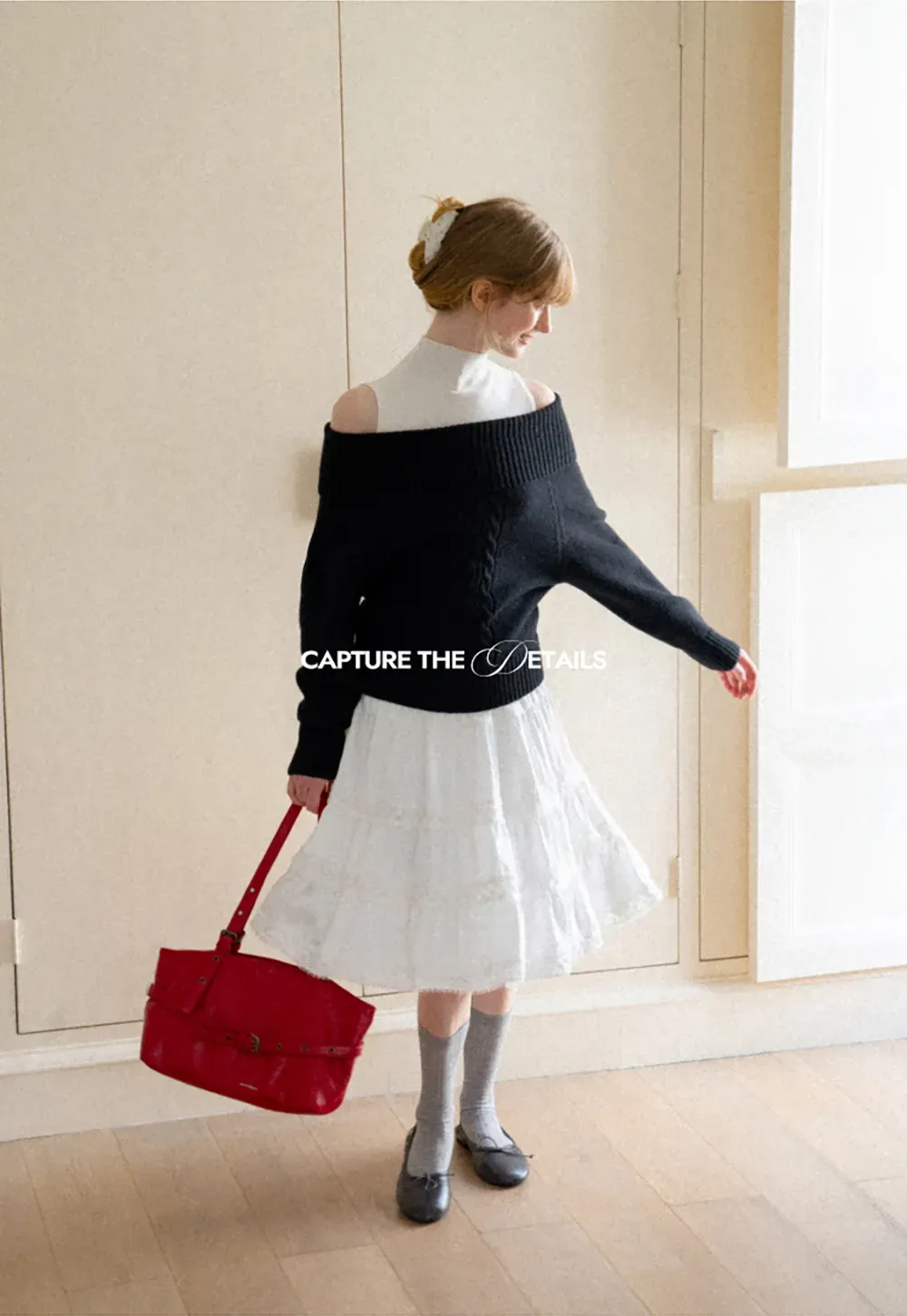 Off Shoulder Ribbed Knit Sweater with Cable Detail