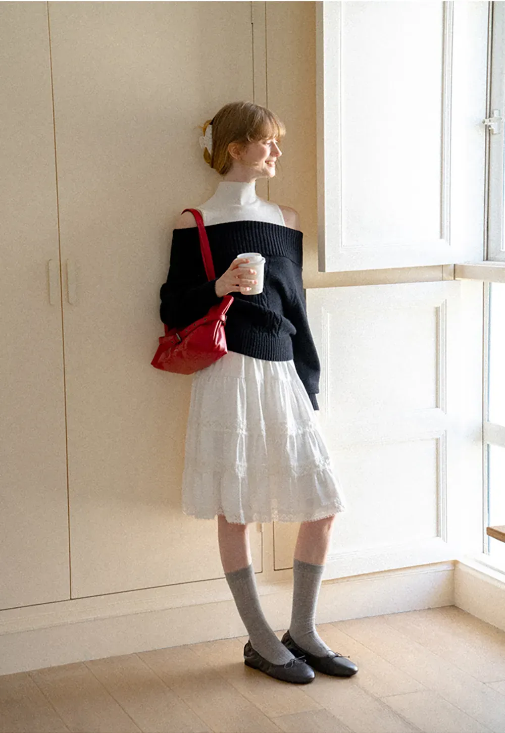 Off Shoulder Ribbed Knit Sweater with Cable Detail