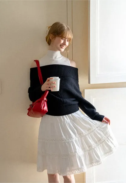 Off Shoulder Ribbed Knit Sweater with Cable Detail