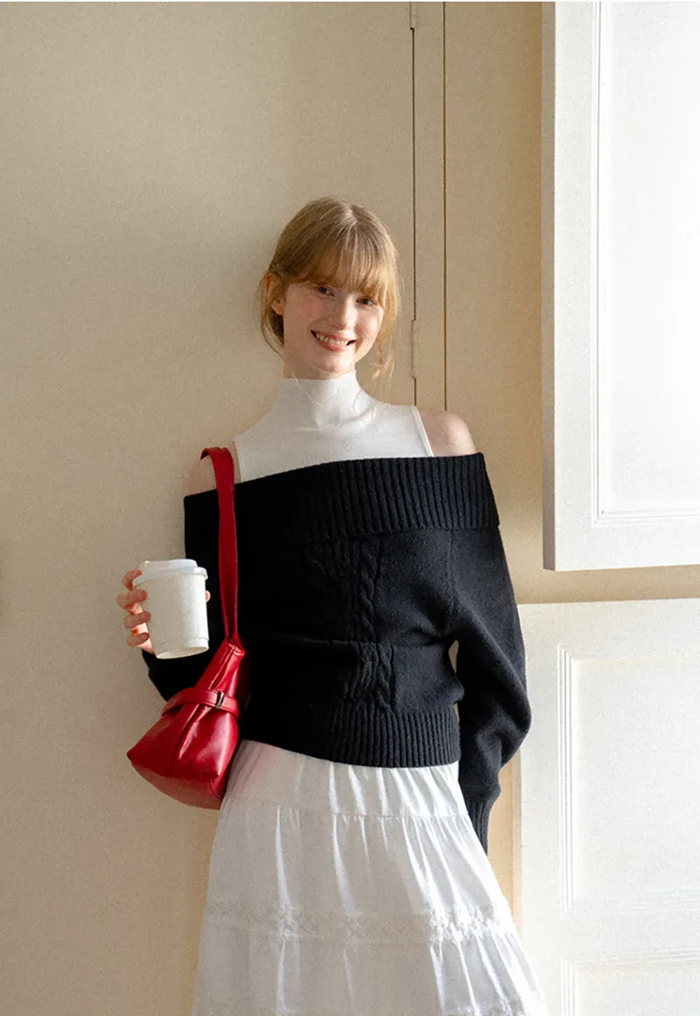 Off Shoulder Ribbed Knit Sweater with Cable Detail